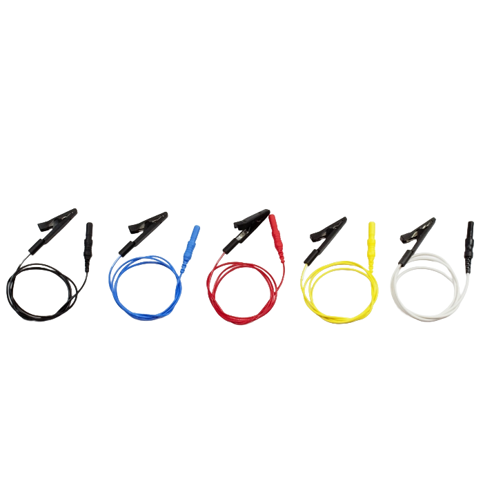 Electrode cables with crocodile clips, 5 pieces per pack (white, black, yellow, red and blue)