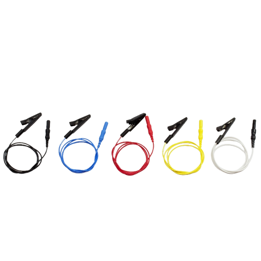 Electrode cables with crocodile clips, 5 pieces per pack (white, black, yellow, red and blue)
