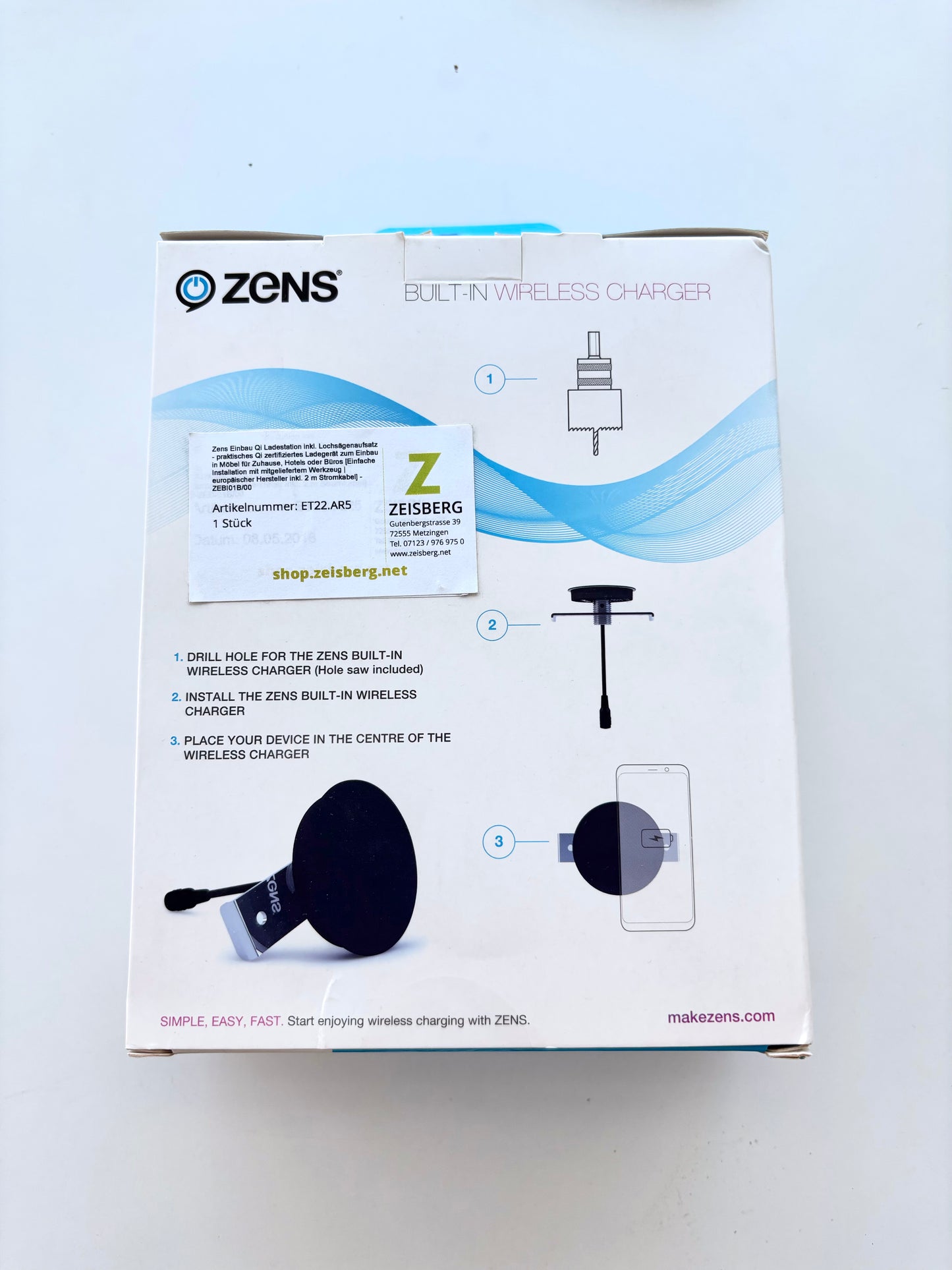 Zens Einbau Qi Ladestation inkl. Lochsägenaufsatz - praktisches Qi zertifiziertes Ladegerät zum Einbau in Möbel für Zuhause, Hotels oder Büros [Einfache Installation mit mitgeliefertem Werkzeug | europäischer Hersteller inkl. 2 m