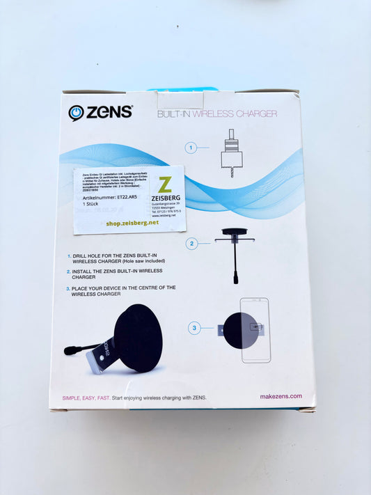 Zens Einbau Qi Ladestation inkl. Lochsägenaufsatz - praktisches Qi zertifiziertes Ladegerät zum Einbau in Möbel für Zuhause, Hotels oder Büros [Einfache Installation mit mitgeliefertem Werkzeug | europäischer Hersteller inkl. 2 m